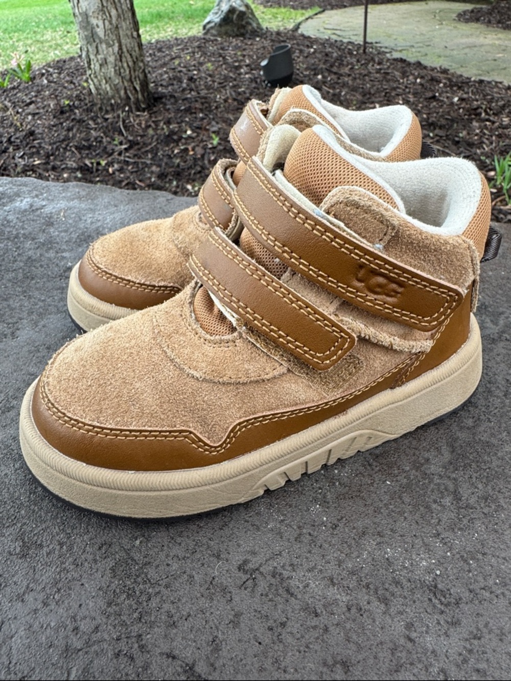 UGG Kids Tan/Taupe Suede High-Top Sneakers with Hook & Loop Straps